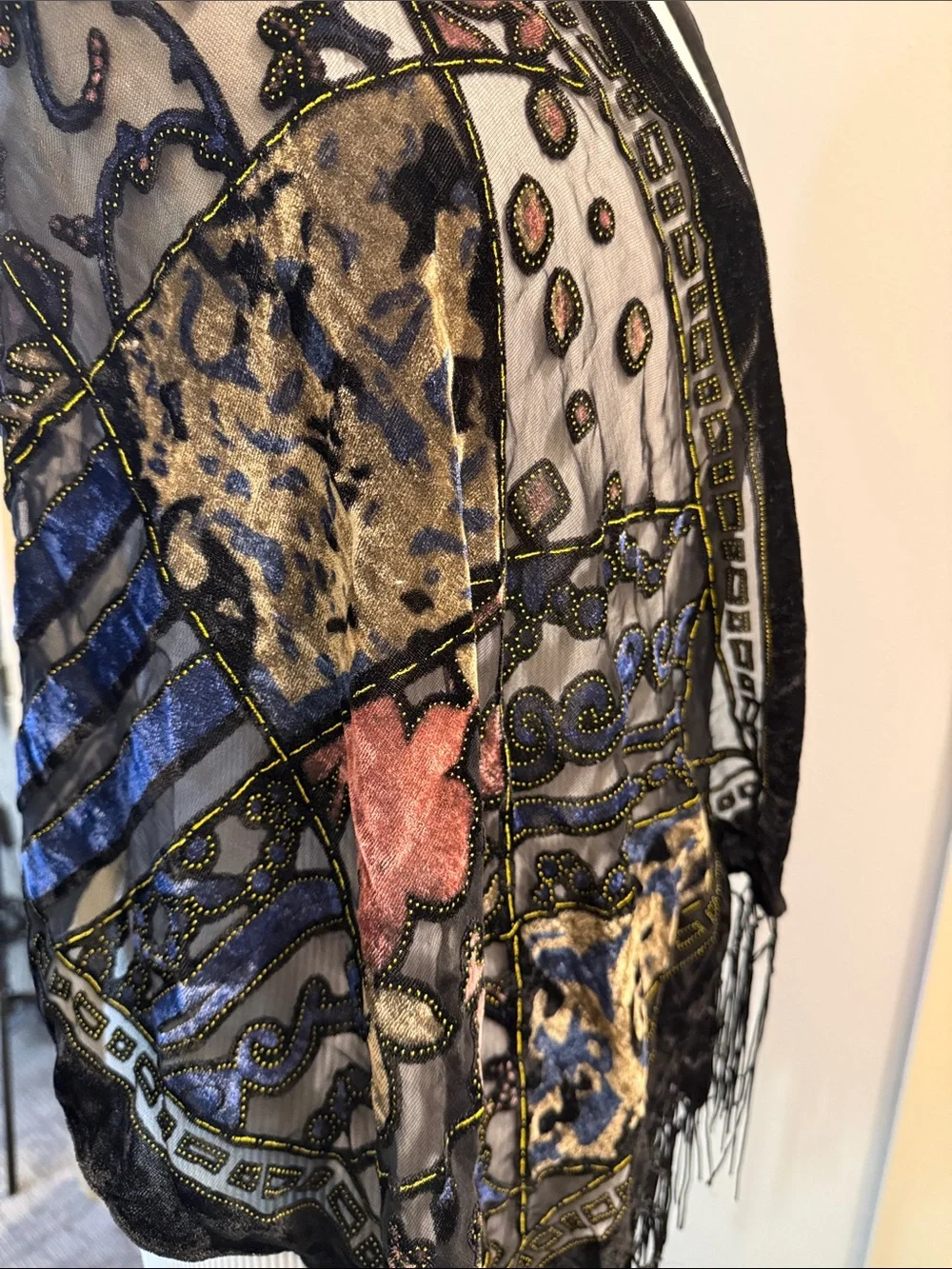 Black Velvet-Trim Embroidered Floral Shawl Scarf